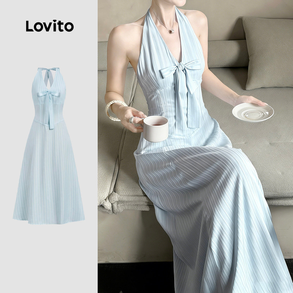 Lovito เดรสลำลองเซ็กซี่ คอผูกด้านหน้า เดรสเปิดหลังสีฟ้าสำหรับผู้หญิง เหมาะสำหรับฤดูใบไม้ผลิ/ฤดูร้อน L179AD336