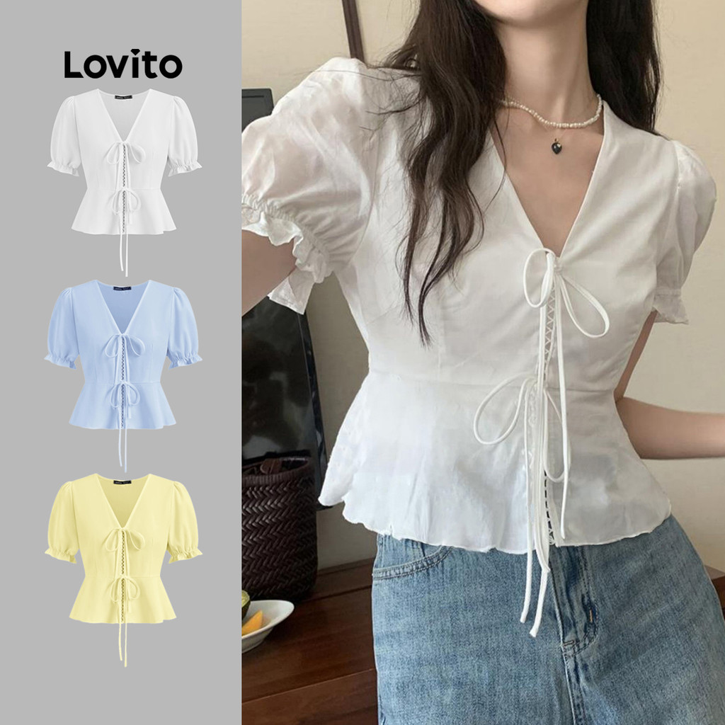 Lovito เสื้อลําลองเสื้อลูกไม้ขึ้นฤดูร้อนสําหรับผู้หญิง L123ED063