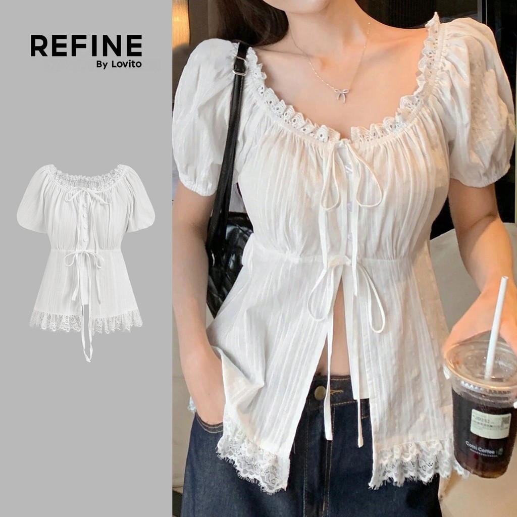 (Refine by Lovito) เสื้อบลوزแบบสบาย ๆ ลูกไม้ผูกเชือก สีขาวสำหรับผู้หญิง ฤดูใบไม้ผลิ/ฤดูร้อน LR23A465