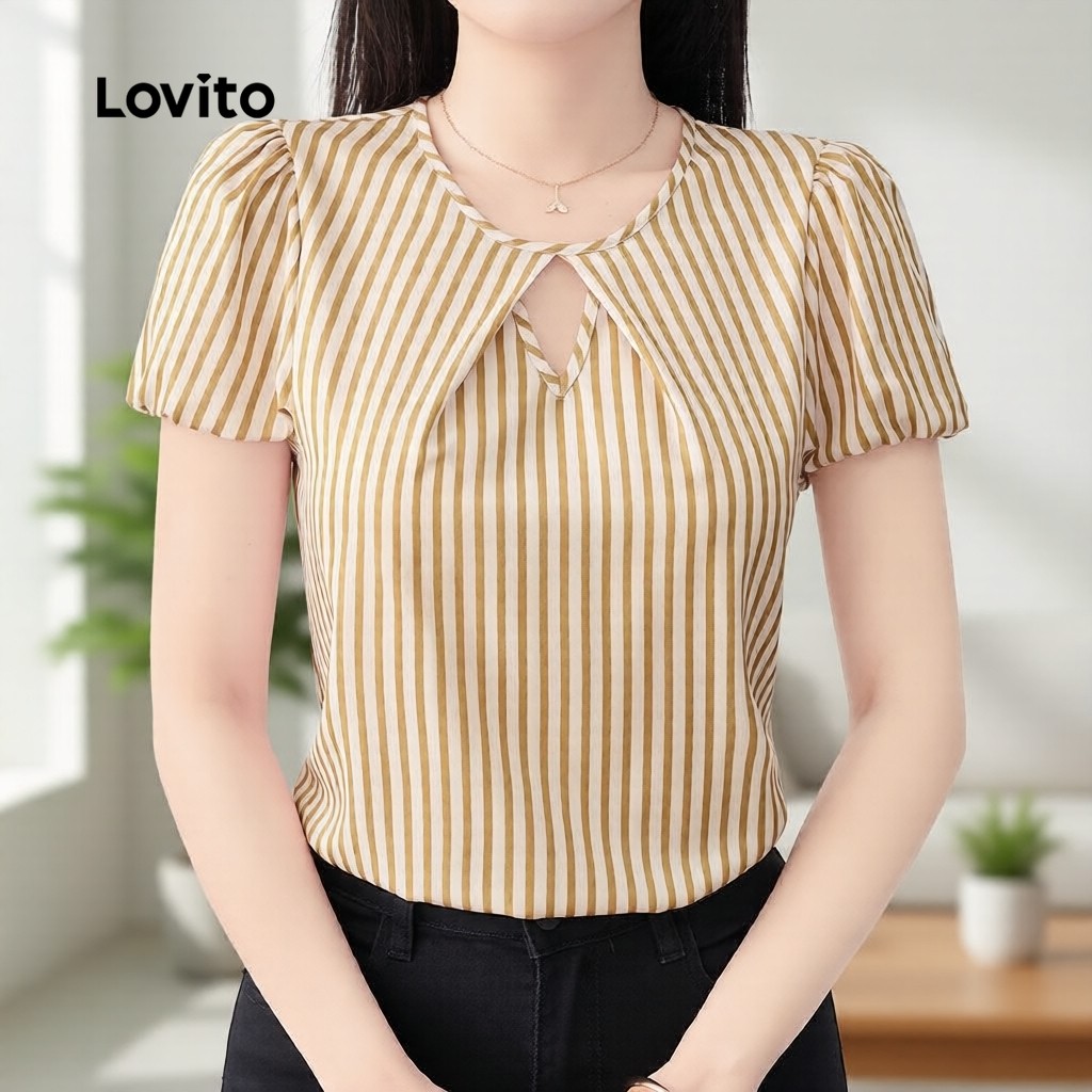 (NEW) Lovito เสื้อเชิ้ตผู้หญิงคลาสสิกและหลากหลายสําหรับฤดูใบไม้ผลิ/ฤดูร้อน สีคากิ ดีไซน์เว้าหยดน้ํา L172LD1766