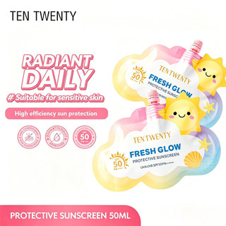 TEN TWENTY Fresh Glow Protective Sunscreen Brightening Whitening SPF 50 PA++++ UVA UVB Sunblock 50ml