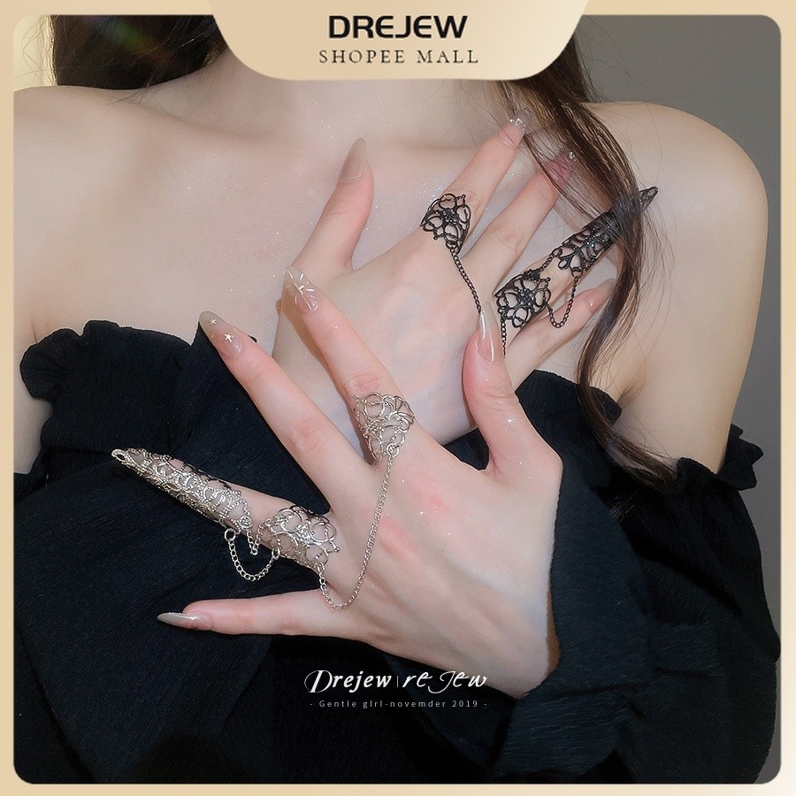 Dreejew retro gothic hollow ทรงกรวยนิ้วเชื่อมต่อแหวนพื้นผิวสูงพู่ niche แหวนนิ้วอินเทรนด์สไตล์ตกแต่งสําหรับผู้หญิง