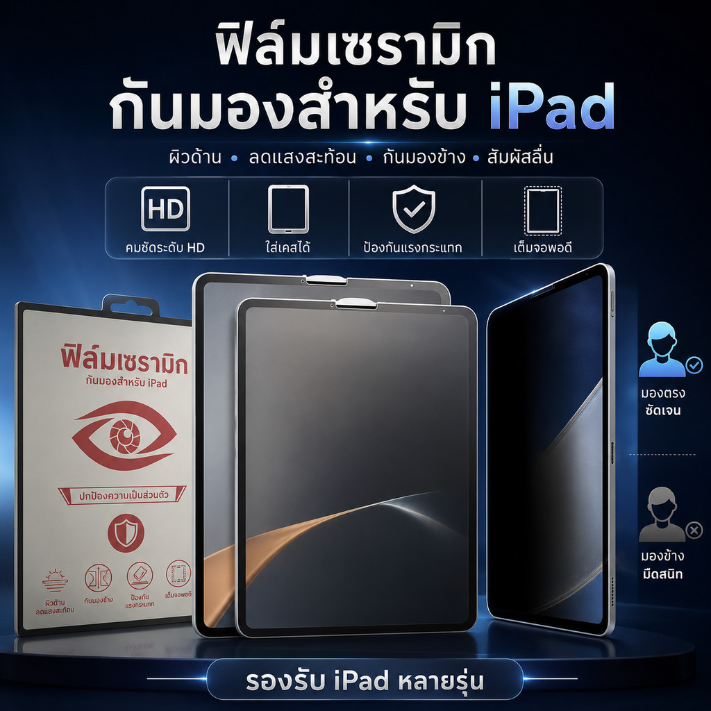 ฟิล์มเซรามิก ด้าน+กันมอง สำหรับ Ipad10.2 gen7/8/9 Air4/5 Pro11.0 mini6 Gen10 ipad5/6/Air1/2 IPAD AIR11/13 PRO11/13(2024)