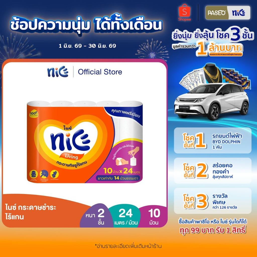 Nice ไนซ์ กระดาษชำระ ไร้แกน ขนาด 10 ม้วน (24ม./ม้วน) (ทิชชู่ กระดาษทิชชู่) x 1