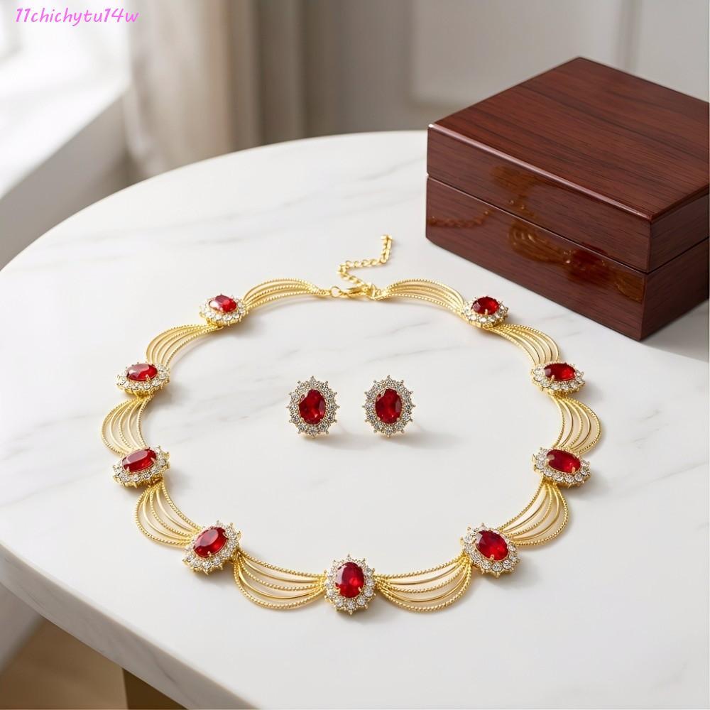 CHIHYTU14W ชุดสร้อยคอพลอย, ชุดต่างหูสร้อยคอ Rhinestone คริสตัลสีทอง, ชุดของขวัญหลายสี Elegant Alloy 