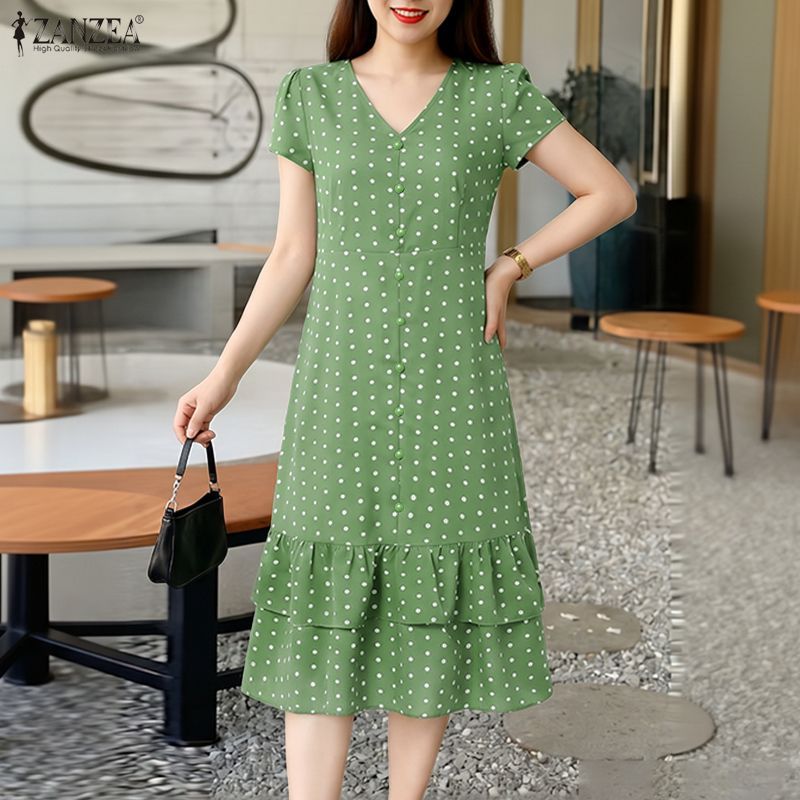 ZANZEA ผู้หญิงเกาหลีหรูหราอ่อนโยน V คอ Raglan แขนลายจุด Double-Layered Ruffled A-Line Dresses — صورة 5