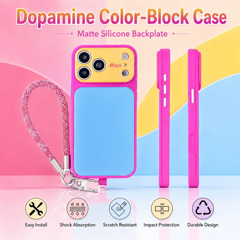 เคสโทรศัพท์หนังบล็อกสี โดปามีน สําหรับ ไอโฟน 13 14 15 16 17 มือโปร สูงสุด เปลี่ยนทันทีถึง 17 มือโปร สูงสุด ดูกล้อง, ฝาครอบกันกระแทกซิลิโคนด้านพร้อมสายคล้องข้อ