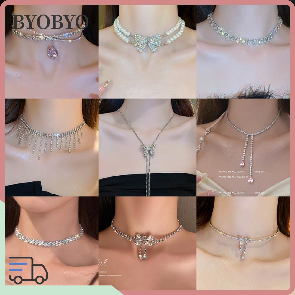 BYOBYO สร้อยคอหมั้น สร้อยคอเพชรหรูหราที่น่าสนใจ ขายร้อนประกายโซ่ Claviular สวยงาม ของขวัญ Jewellery