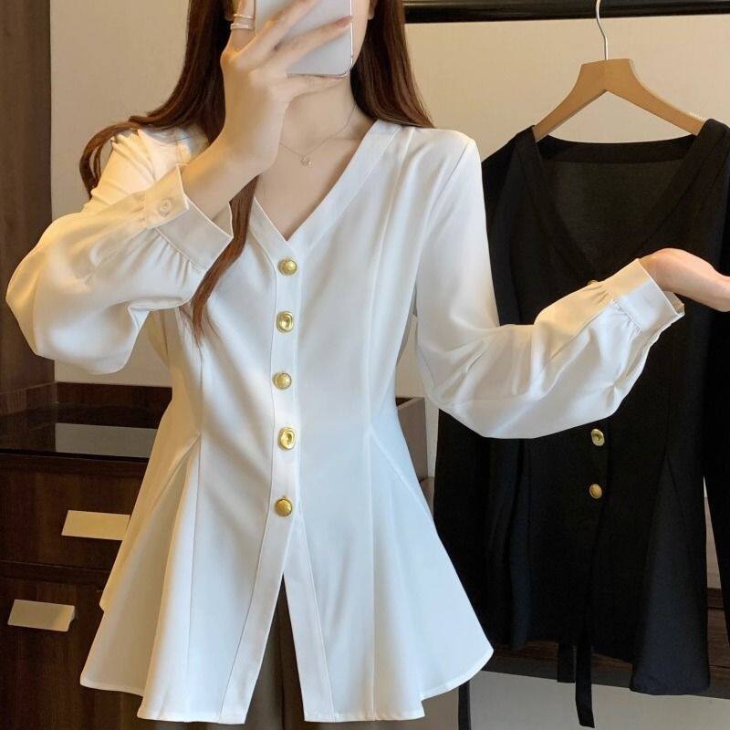 เสื้อเชิ้ตแขนยาวสำหรับผู้หญิงไซส์ใหญ่ ดีไซน์กระชับเอว สไตล์หรูหรา คอวี ทันสมัย ​​และใช้งานได้หลากหลาย สำหรับผู้หญิง#W736
