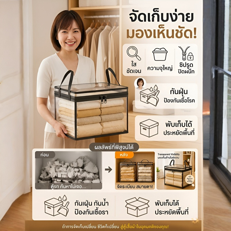 [ใสเห็นชัด ความจุใหญ่]PVCมีซิปรูดปิด กันน้ำกันฝุ่น กระเป๋าเก็บผ้านวม ถุงเก็บเสื้อผ้า ป้องกันเชื้อรา ถุงพับเก็บของ