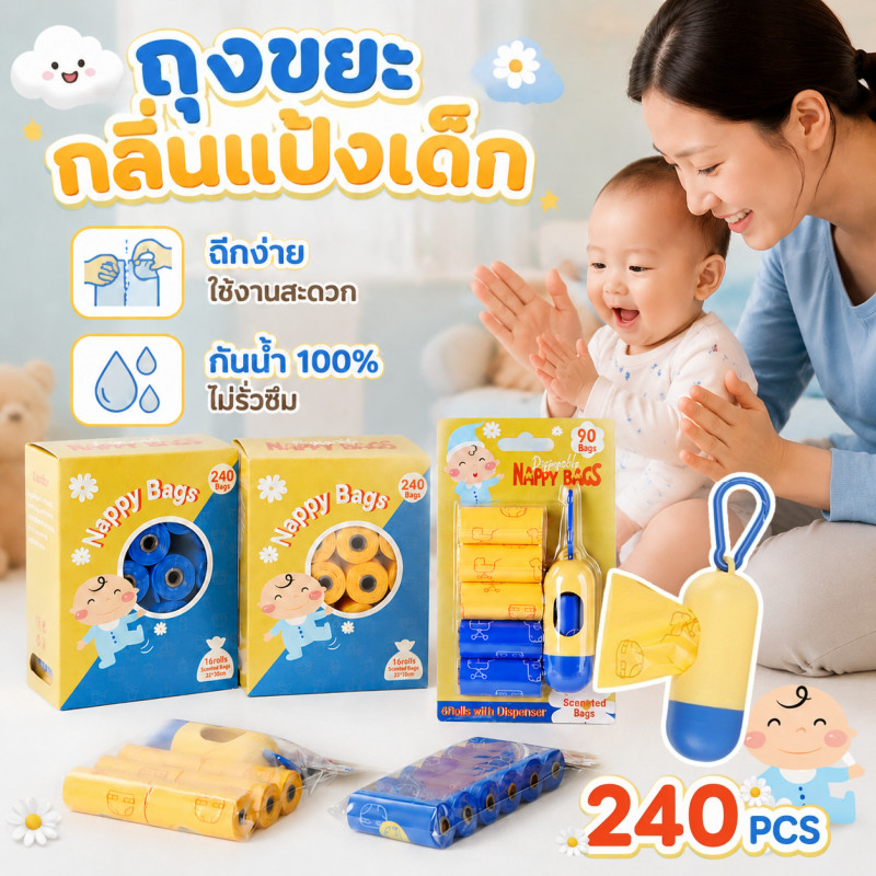 ถุงขยะสำหรับเด็ก ใช้แล้วทิ้ง (240 ถุง/กล่อง) มีกลิ่นหอมของดอกไม้ พกพาได้ Disposable Diaper Bags