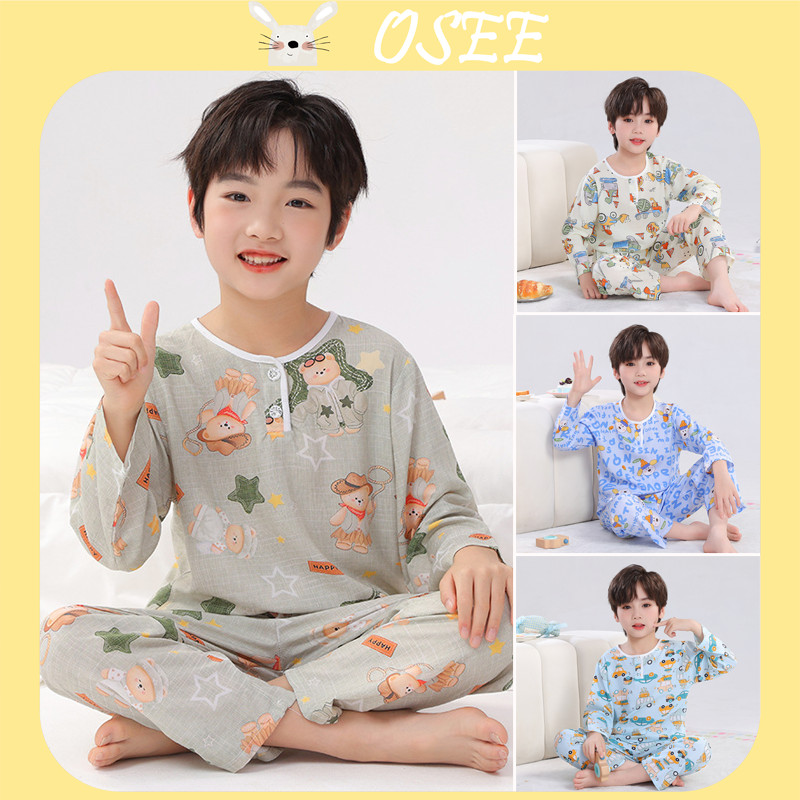 ชุดนอนแขนยาวลายการ์ตูนสำหรับเด็กผู้ชายและเด็กผู้หญิง วัยรุ่น ผ้าฝ้ายไลโอเซลล์สำหรับฤดูร้อน