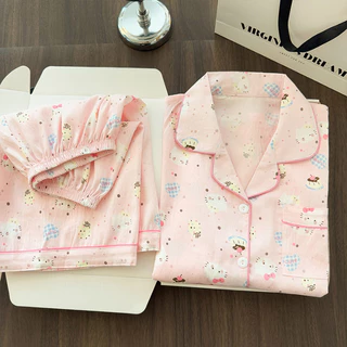 ฤดูร้อนกางเกงขาสั้นแขนสั้น Cloud Cotton Lapel ชุดนอนผู้หญิง Simple Comfort คาร์ดิแกน Hom