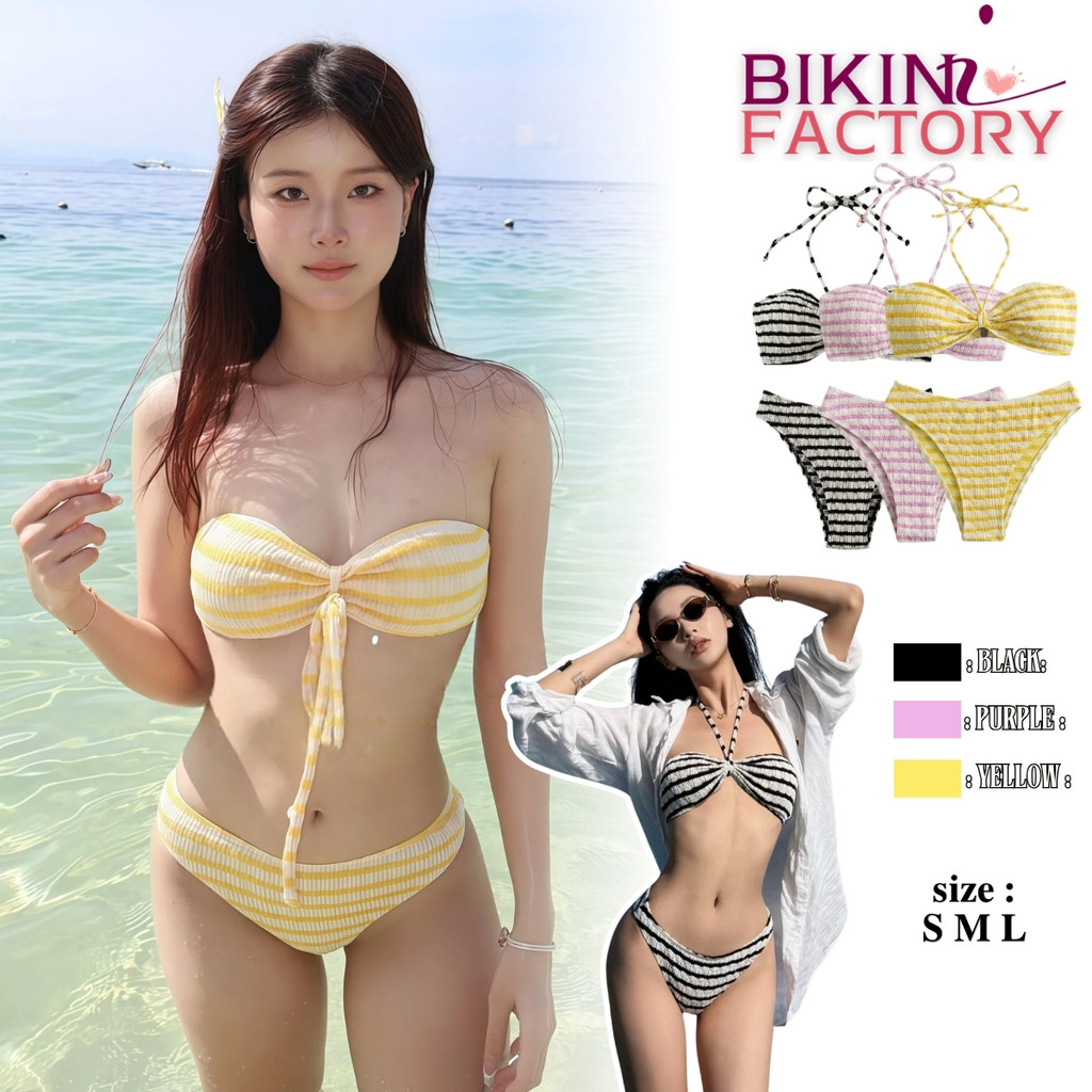 BIKINI FACTORY บิกินี่ลายริ้วผูกคอ ทูพีชเซ็กซี่เว้าสูง ขับผิวพรางหุ่นสุดๆ 🍋  มีไซส์ S-L | น้ำหนัก 38-58 กก. ตรงปก Y518