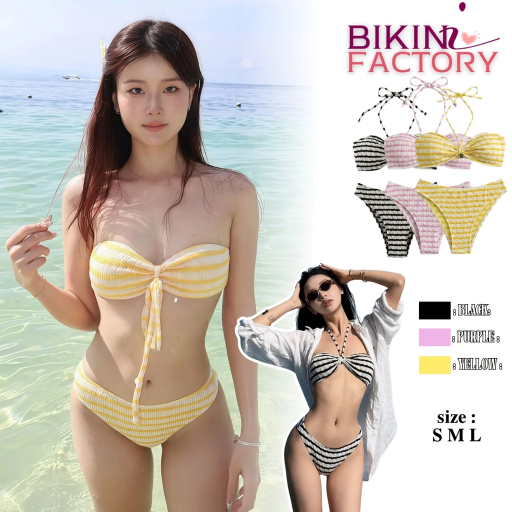 BIKINI FACTORY บิกินี่ลายริ้วผูกคอ ทูพีชเซ็กซี่เว้าสูง ขับผิวพรางหุ่นสุดๆ 🍋 มีไซส์ S-L | น้ำหนัก 38-58 กก. ตรงปก Y518
