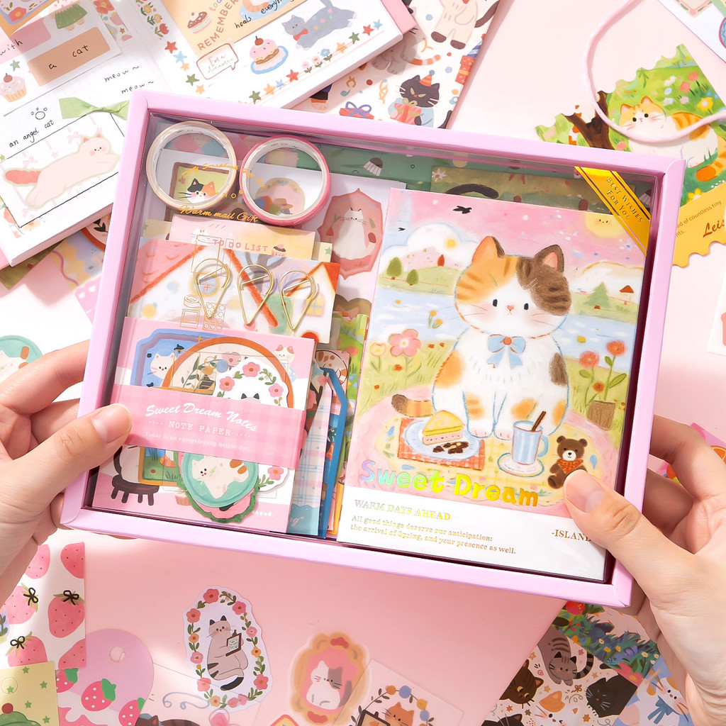 ไดลี่|157 ชิ้น/กล่องสีชมพู Sweet Dream Island คู่มือกล่องของขวัญคู่มือ DIY วัสดุตกแต่งชุดคู่มือหมายเหตุสติกเกอร์วัสดุกระดาษผสม