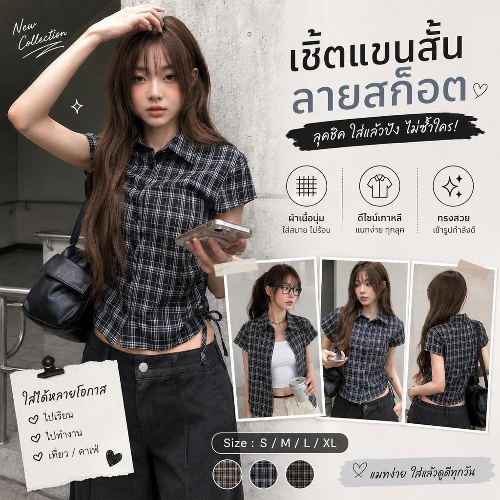 Black#เสื้อเชิ้ตแขนสั้นลายสก็อตแบบผูกเชือกสไตล์เกาหลีสำหรับฤดูร้อน สวมใส่ได้หลากหลายโอกาส สำหรับผู้หญิง รุ่นw725