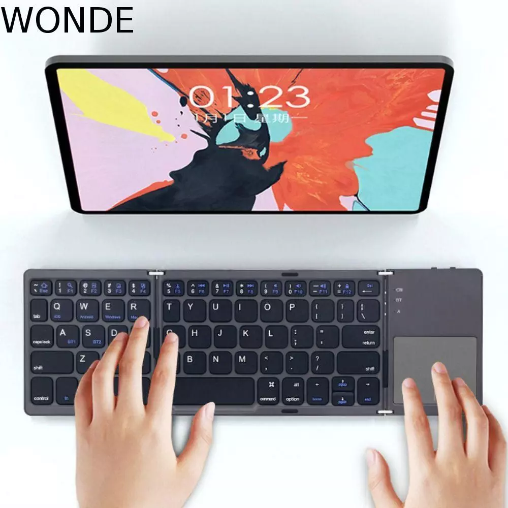 WONDE คีย์บอร์ดไร้สายแบบพับได้พร้อมทัชแพด บลูทูธสำหรับมือถือและโน๊ตบุ๊ค