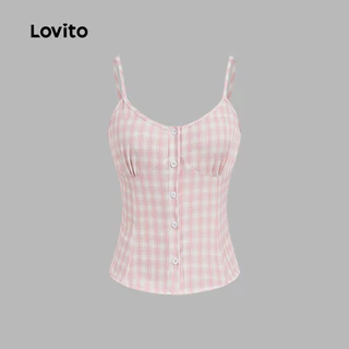 (New Arrival) Lovito เสื้อลําลองผู้หญิง สีชมพู เรียบง่าย มีปุ่มด้านหน้า สไตล์ลําลอง เหมาะสําหรับฤดูใบไม้ผลิ/ฤดูร้อน เกาหลี อินเทรนด์ L197AD1030