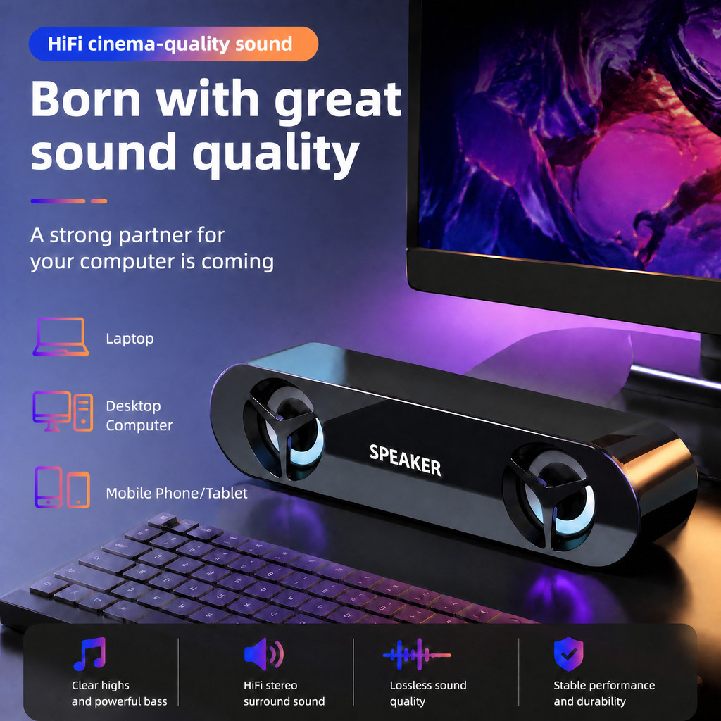 ลำโพงมินิสำหรับคอมพิวเตอร์ตั้งโต๊ะ ลำโพงซับวูฟเฟอร์ขนาดเล็กแบบ USB Bluetooth สำหรับแล็ปท็อป ให้เสียงรอบทิศทางคมชัด