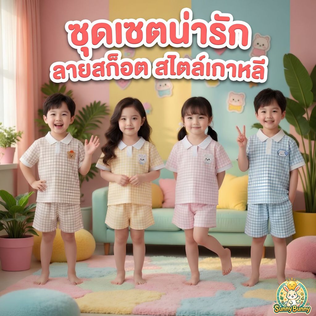 sunny_bunny ชุดเสื้อ เสื้อแขนสั้น+ กางเกงขาสั้น ชุดเซตน่ารัก ลายสก็อต สไตล์เกาหลี สำหรับเด็กหญิง