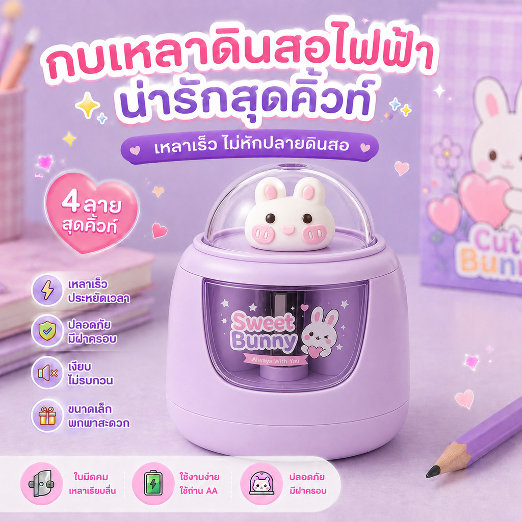 ❤เครื่องเหลาดินสอไฟฟ้า ลายน่ารัก ใช้ถ่าน AA 3 ก้อน กบเหลาดินสออัตโนมัติ สำหรับนักเรียน เครื่องเขียนเด็ก