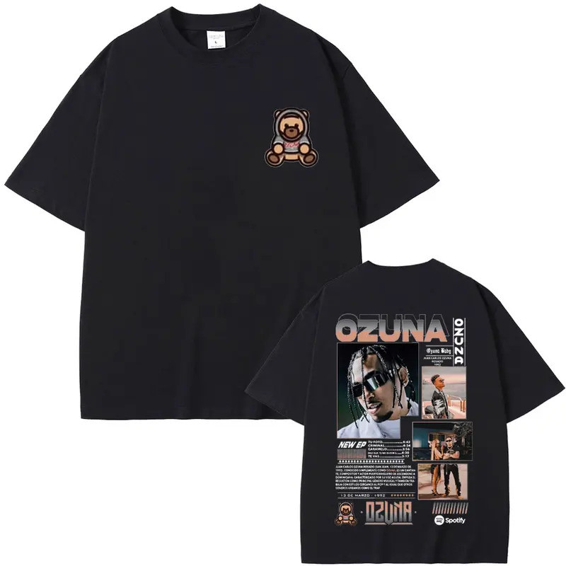 เสื้อยืดพิมพ์ลายสองด้านของแร็ปเปอร์ Ozuna เสื้อสตรีทแวร์ Anuel AA สำหรับผู้ชายและผู้หญิง เสื้อยืดฮิป