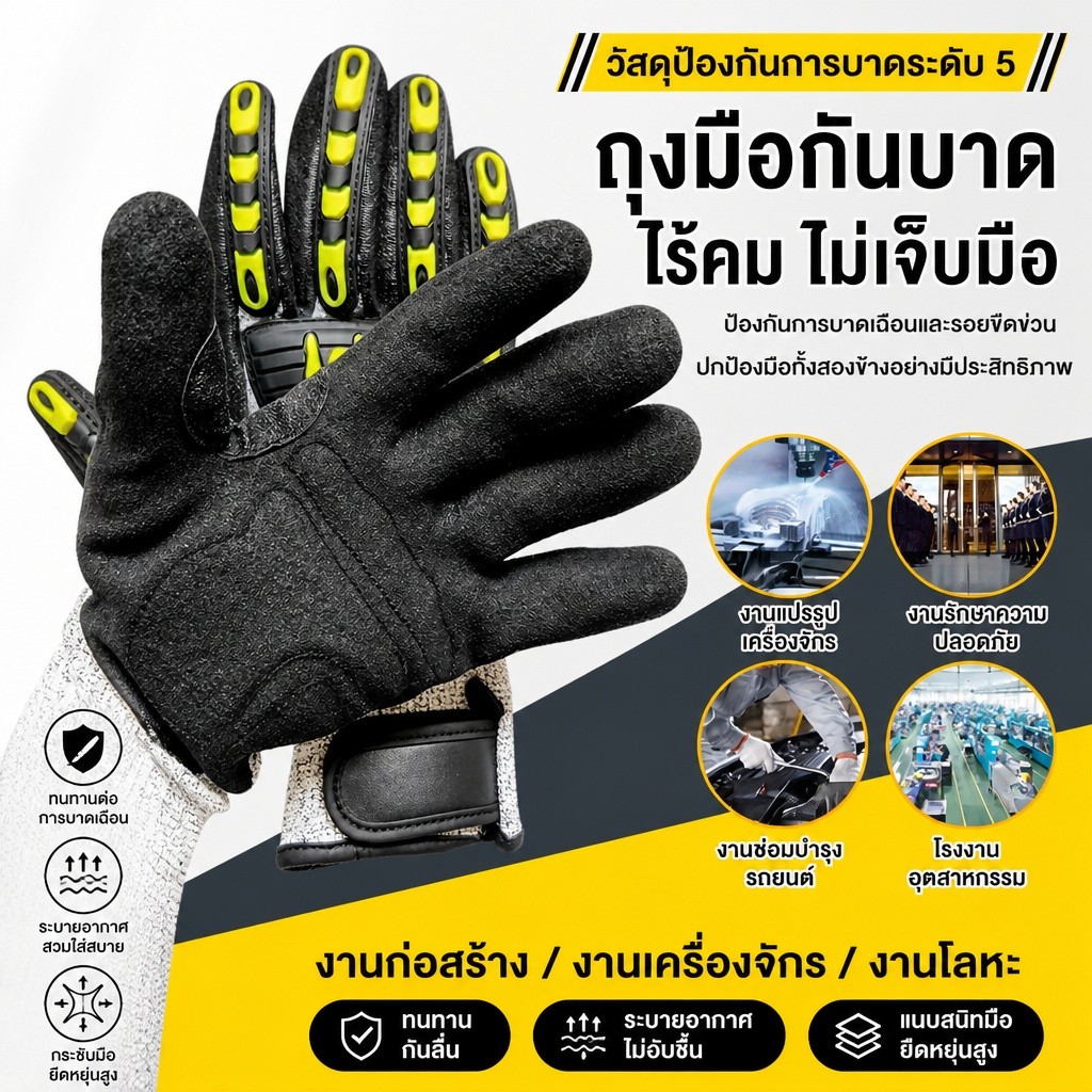 ถุงมือนิรภัย TPR ถุงมือกันกระแทก ระบายอากาศดี ทนแรงดึง  ใช้ในโรงงาน งานก่อสร้าง โลจิสติกส์ ปีนผาและปั่นจักรยาน