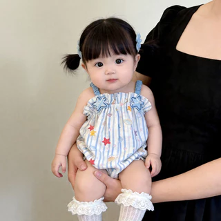 ฤดูร้อนสไตล์ใหม่เด็กสาวมหาสมุทร-สไตล์แขนกุดบางกระเป๋าไขมันเสื้อผ้าผู้หญิง0-24เดือนผ้าฝ้ายสลิงปลาดาวพิมพ์บอดี้สูท