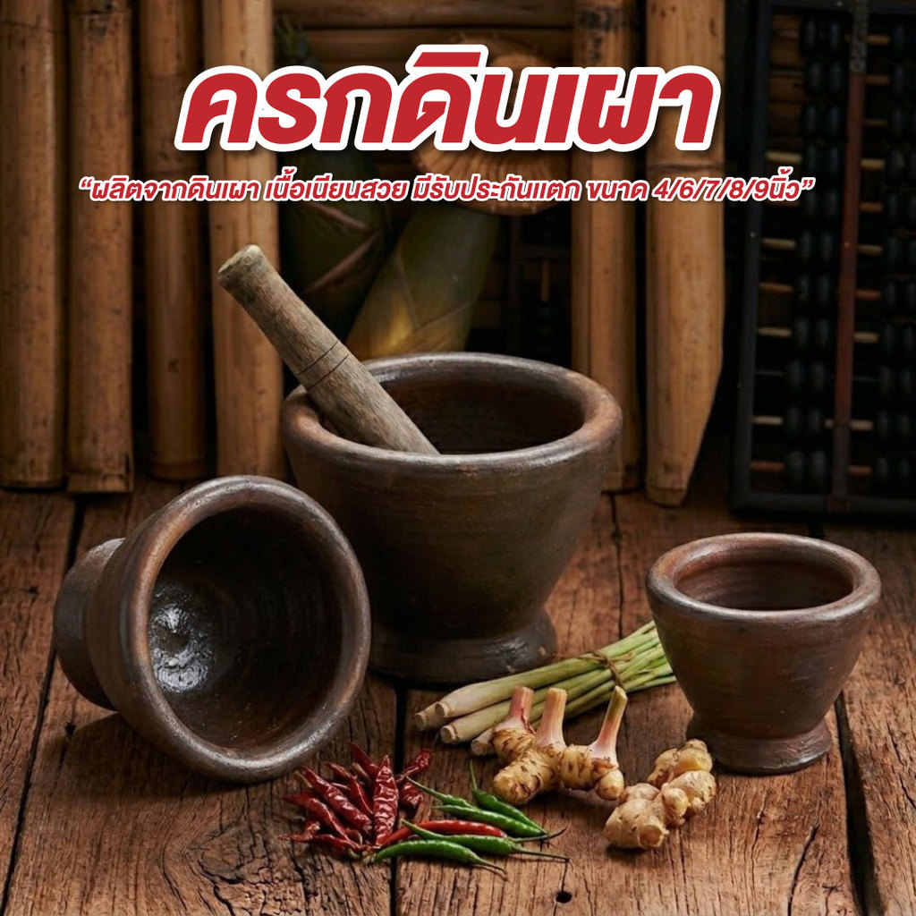 ครกส้มตำ ครก+สากไม้ มี 4 ขนาด 6 นิ้ว , 7 นิ้ว , 8 นิ้ว , 9 นิ้ว (มีประกันแตก) ครกตำน้ำพริก เกรด A