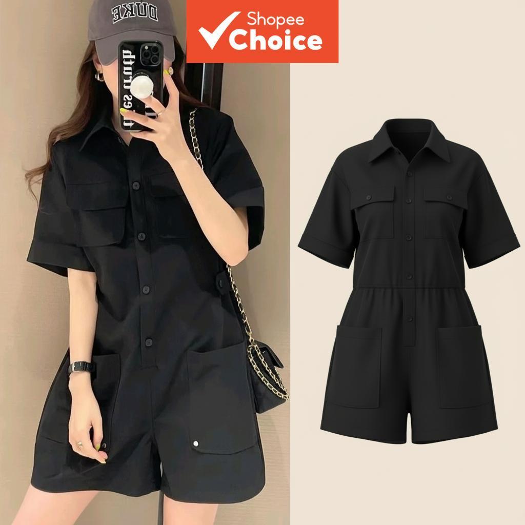 ผู้หญิงสีดํายูทิลิตี้Romperแขนสั้นCargoกระเป๋าJumpsuit Streetwear Casual One Pieceสั้นชุดฤดูร้อน 2026