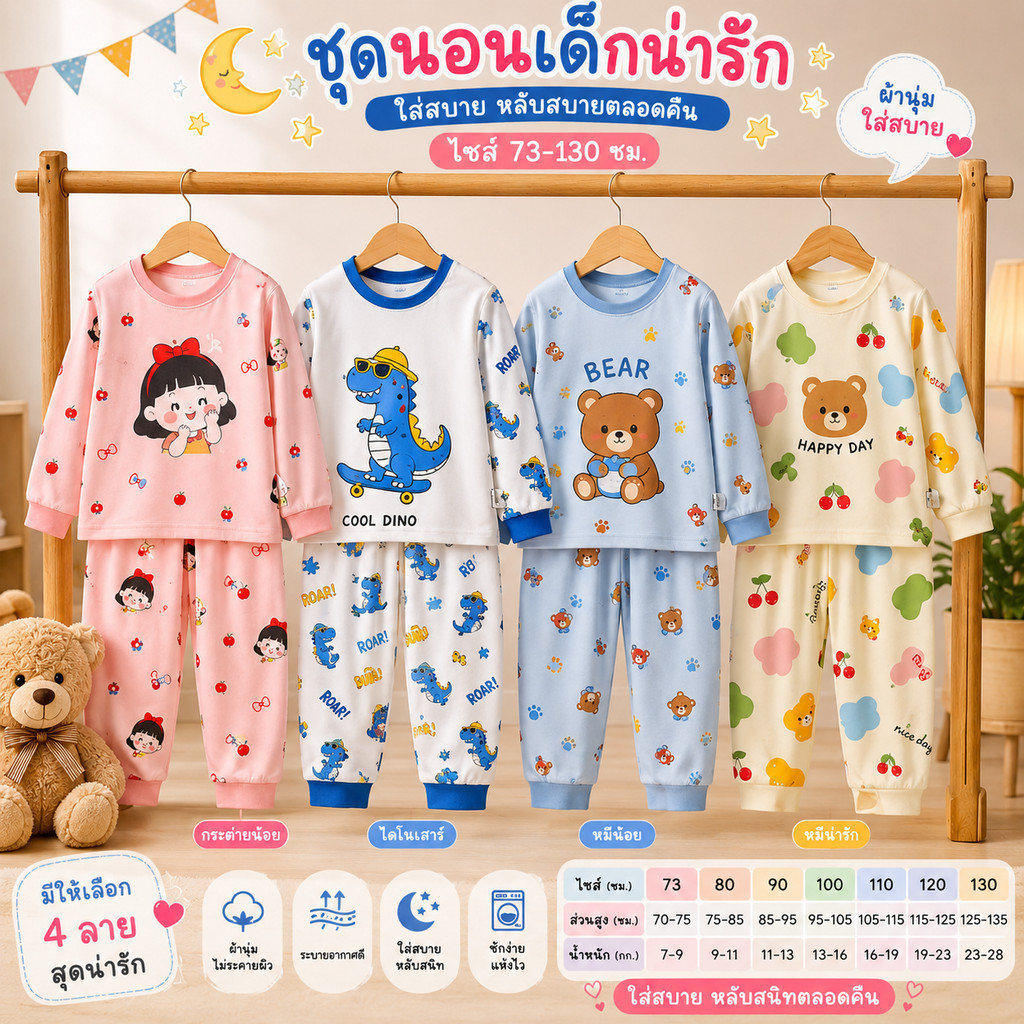 [ชุดนอนเด็ก] เสื้อแขนยาว+กางเกงขายาว มีไซส์73-130 1เดือน-7ปี ผ้าCotton100% ใส่กันหนาว ลายการ์ตูนน่ารัก ผ้านิ่มๆ