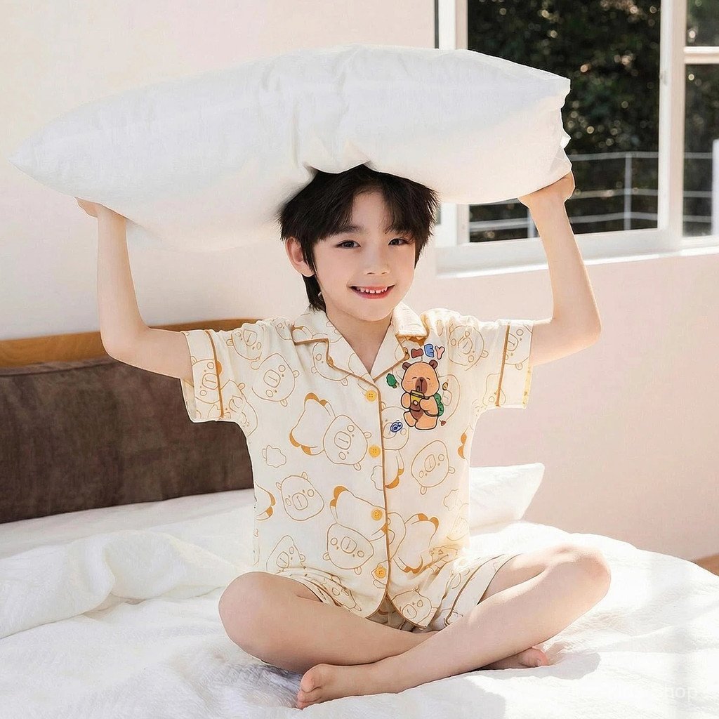 ชุดนอนเด็กฤดูร้อนคาร์ดิแกนแขนสั้นปกสูทเมฆผ้าฝ้ายชุดอยู่บ้านเด็กชาย