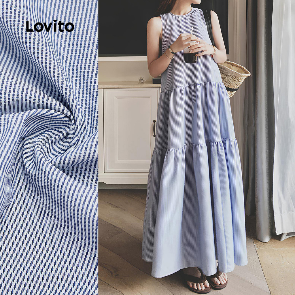 Lovito เดรสลำลองสำหรับวันหยุดพักผ่อน เดรสสีฟ้าแบบมีระบายหลายชั้น สำหรับฤดูใบไม้ผลิ/ฤดูร้อน สำหรับผู้หญิง L154LD236