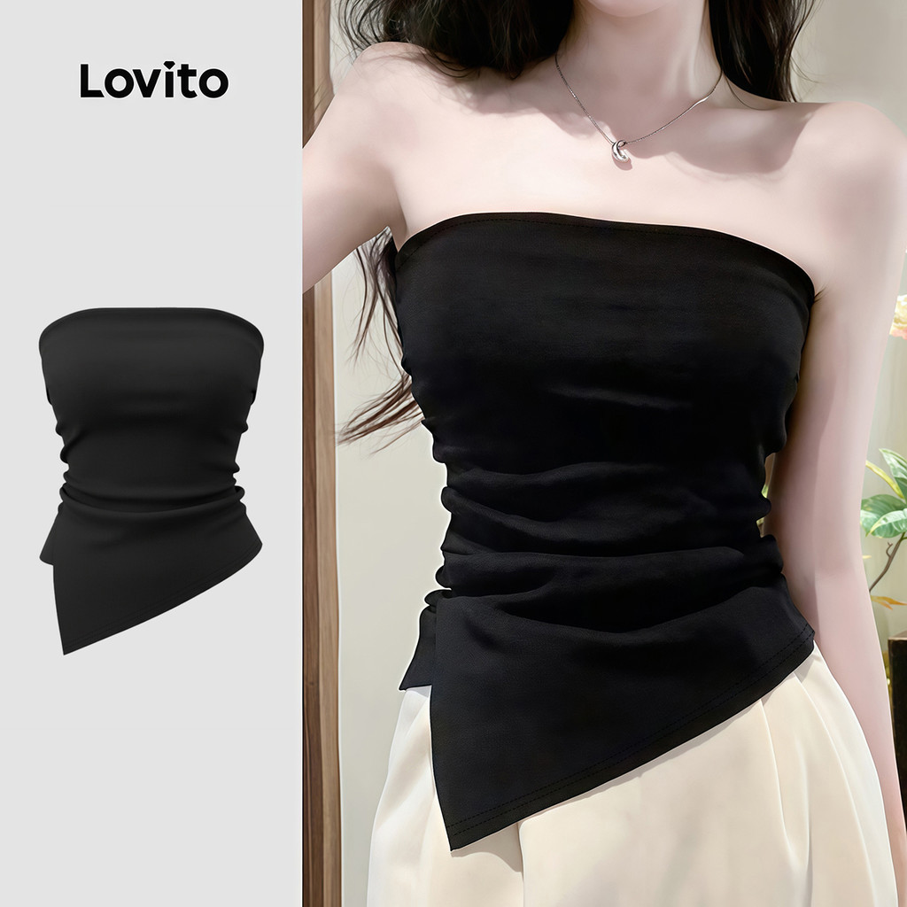 Lovito แคชชวล เสื้อท็อปผู้หญิงสีดําแบบลําลอง ดีไซน์แหวกไม่สมมาตร เหมาะกับฤดูใบไม้ผลิ/ฤดูร้อน LK4LD2638