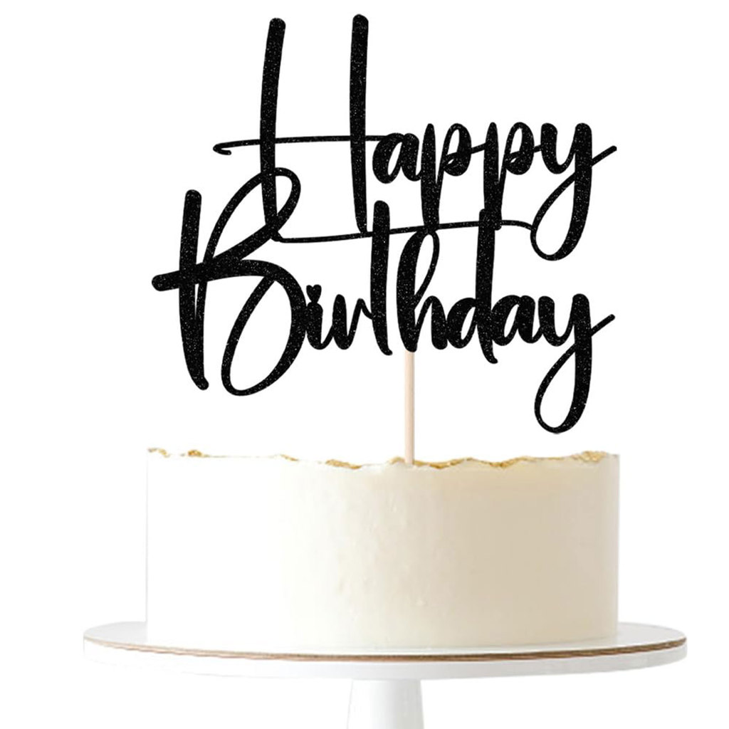 Happy Birthday Cake Topper,black Glitter Cake Pick Bunting Decor for Anniversary