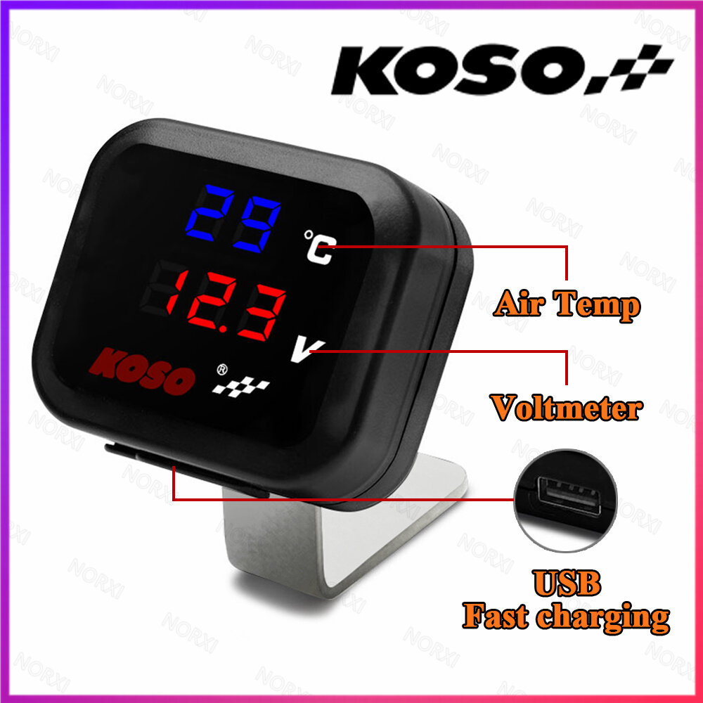 รถจักรยานยนต์ KOSO Voltmeter 3 IN 1 พร้อมพอร์ต USB ชาร์จอย่างรวดเร็ว Air Temperature Display Gear In