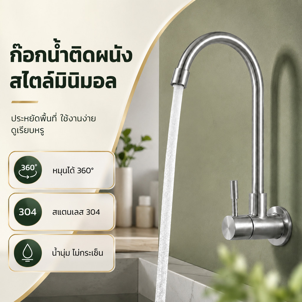ก๊อกครัว ก๊อกน้ำซิงค์ล้างจาน SUS 304 วาล์วเซรามิก หมุนได้ 360 องศา ทนสนิม ติดตั้งง่าย