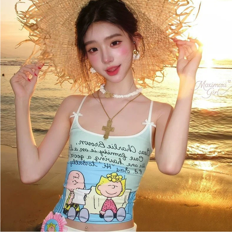 สนูปปี้ พิมพ์เสื้อยกทรงด้านบนสําหรับฤดูร้อนกลางแจ้งของผู้หญิงสวมใส่แน่นกระชับโบว์หวานเสื้อกั๊กแขนกุดสั้น