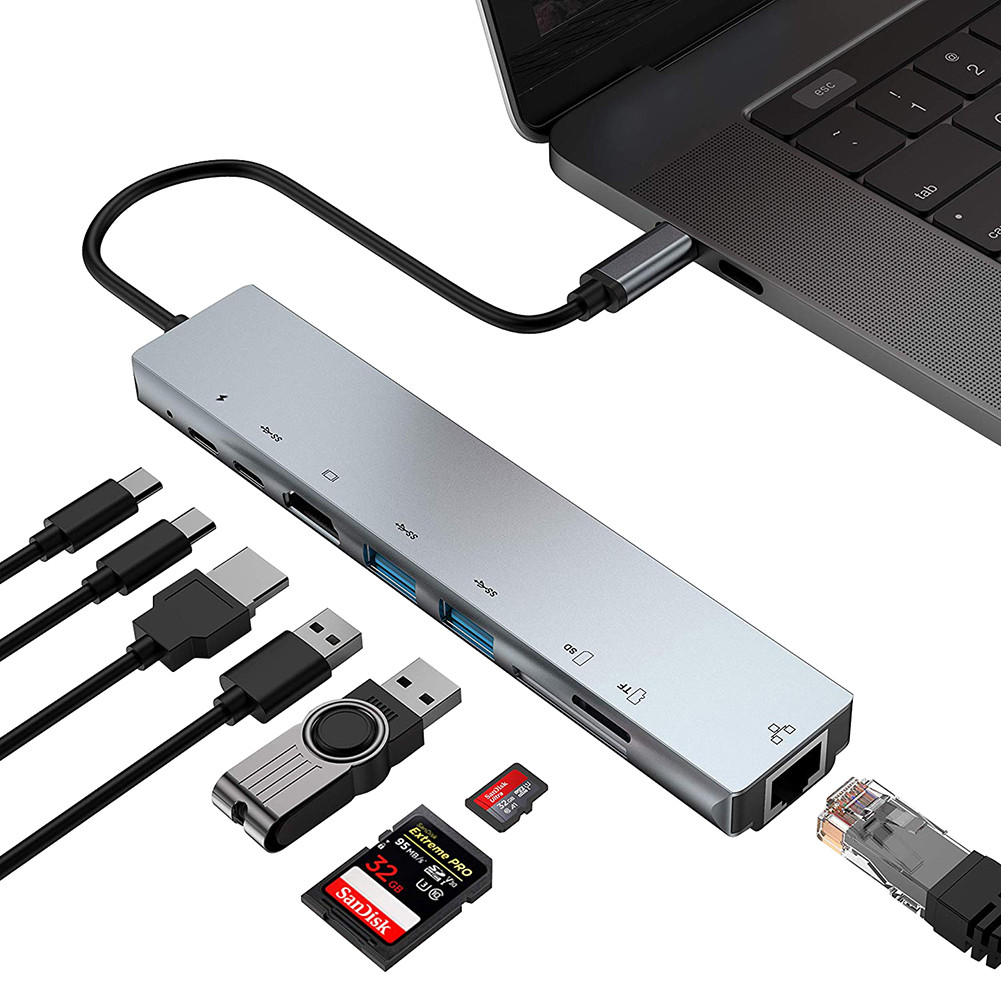 สถานีเชื่อมต่อ Type-C 8in1/10in1 แล็ปท็อปไปยัง HDMI รองรับ 4K 100 Megabit Hub