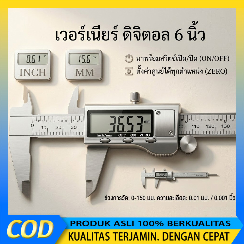 เวอร์เนียร์ ดิจิตอล 6 นิ้ว Digital Vernier caliper 0-150mm ตัวเครื่องโลหะ การวัดที่แม่นยำ เวอร์เนียร์วัดความยาว ความละ