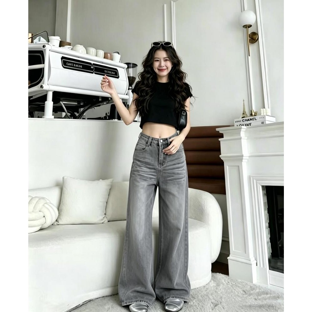 กางเกงยีนส์ผู้หญิง เอวสูง ทรงหลวม สไตล์วินเทจสีเทา ฟอกผ้าเก่า ผ้ายีนส์นิ่ม