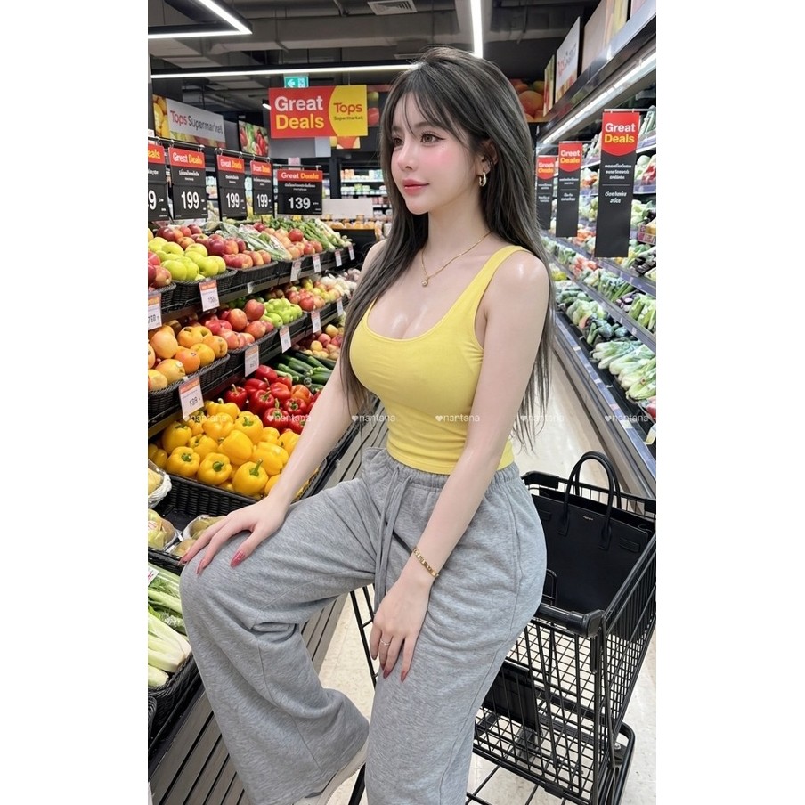 Phapassz - Setเสื้อก้ามเรย่อนเย็บสองชั้น พร้อมกางเกงวอมขายาวใส่สบาย สาวสปอต #Nantana