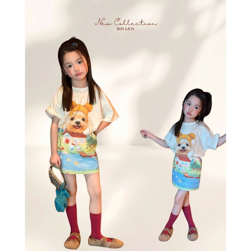 「สินค้าลิขสิทธิ์แท้」IRIS KIDS 26ss IKS260328 Puppy Fun Day Set เสื้อลายน้องหมา กระโปรงลายคิดตี้ สุดคิ้วท์ ชุดเด็กแฟชั่น