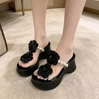 One for all พร้อมส่งจากไทย TX823 (แปดสองสาม) รองเท้าแตะส้นหนา หนา8cm ดอกกุหลาบมุก เพิ่มส่วนสูง ใส่เดรสสวย