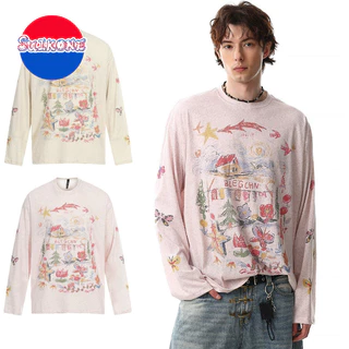SUIKONE ซุยโคเนะ เสื้อยืดแขนยาวผู้ชายแฟชั่นอเมริกันกราฟฟิตีสไตล์ที่เป็นกลางคุณภาพสูง