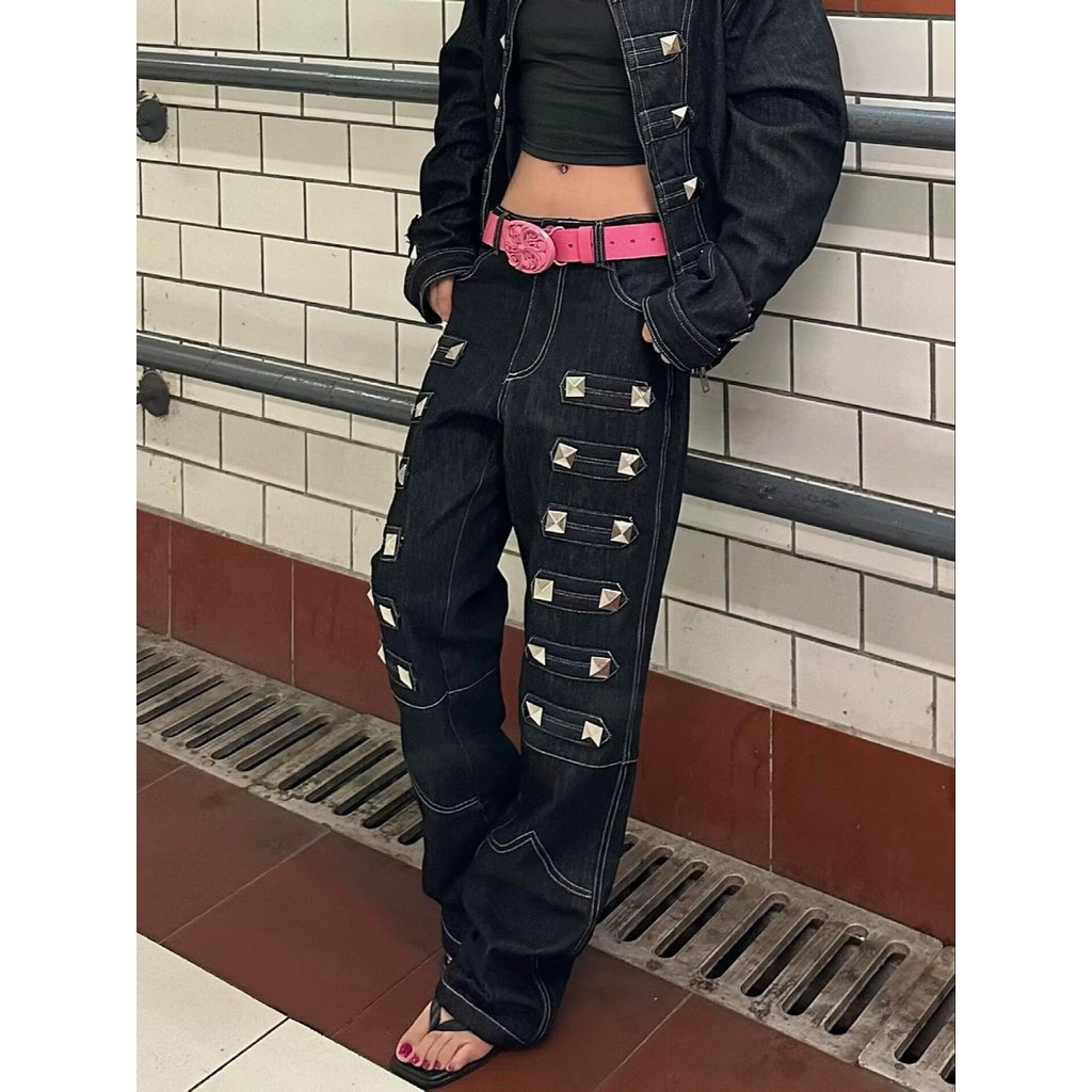 Devil fashion Steampunk Daily Pants Leather Stitching Pants Jeans [PT091]