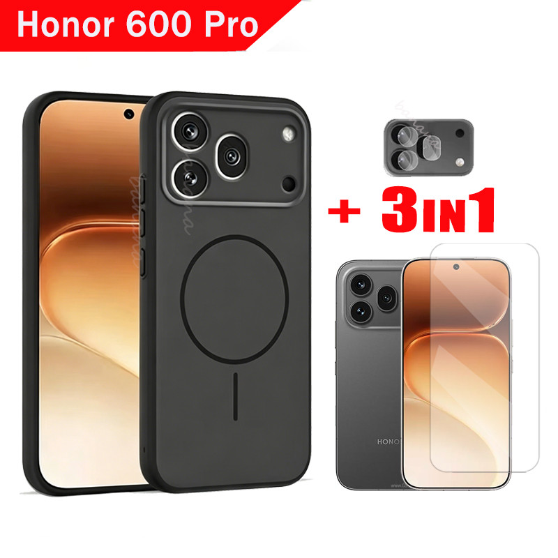 3in1 ชุดสําหรับ Honor 600 Pro สีทึบ Matte กันกระแทกซิลิโคนเคสโทรศัพท์ Honor 600 600 Lite HD กระจกนิรภัยป้องกันหน้าจอและฝาครอบเลนส์กล้อง