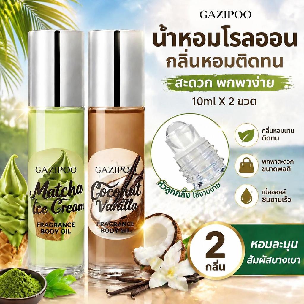 น้ำหอมลูกกลิ้ง น้ำหอมพกพา เซ็ตชาเขียวมะพร้าววานิลลา กลิ่นหวานละมุนลูกคุณ กลิ่นฟุ้งติดทน ทาไปเรียนเดต พร้อมส่ง มีปลายทาง