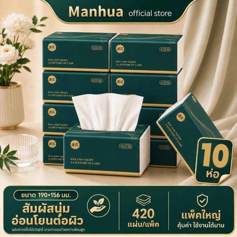 [10ห่อ ] Manhua GB/T 20808 Soft Tissue ดีลักซ์ คอมฟอร์ท กระดาษทิชชู่ หนา 4 ชั้น 420 แผ่น